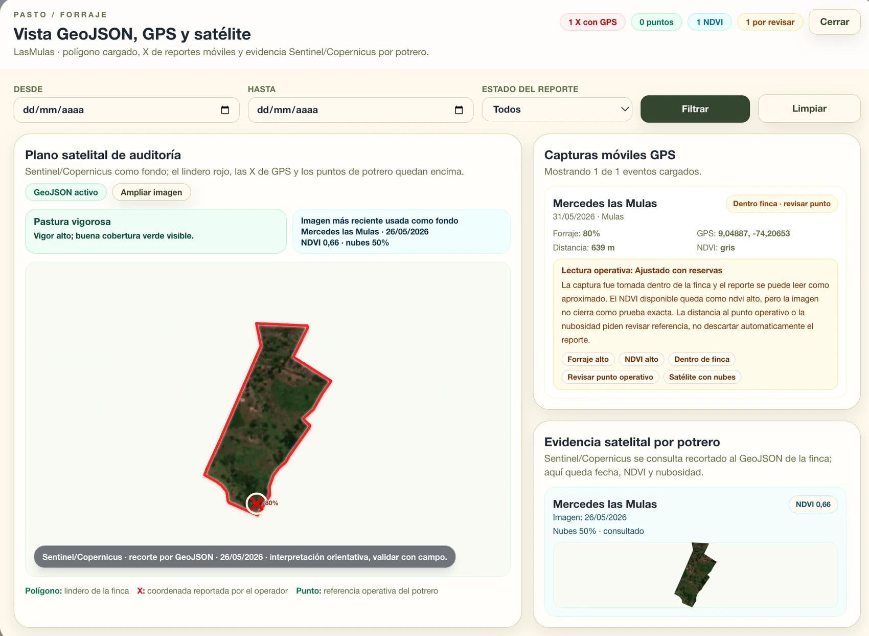 Pantalla real de auditoría satelital con GeoJSON, GPS y NDVI